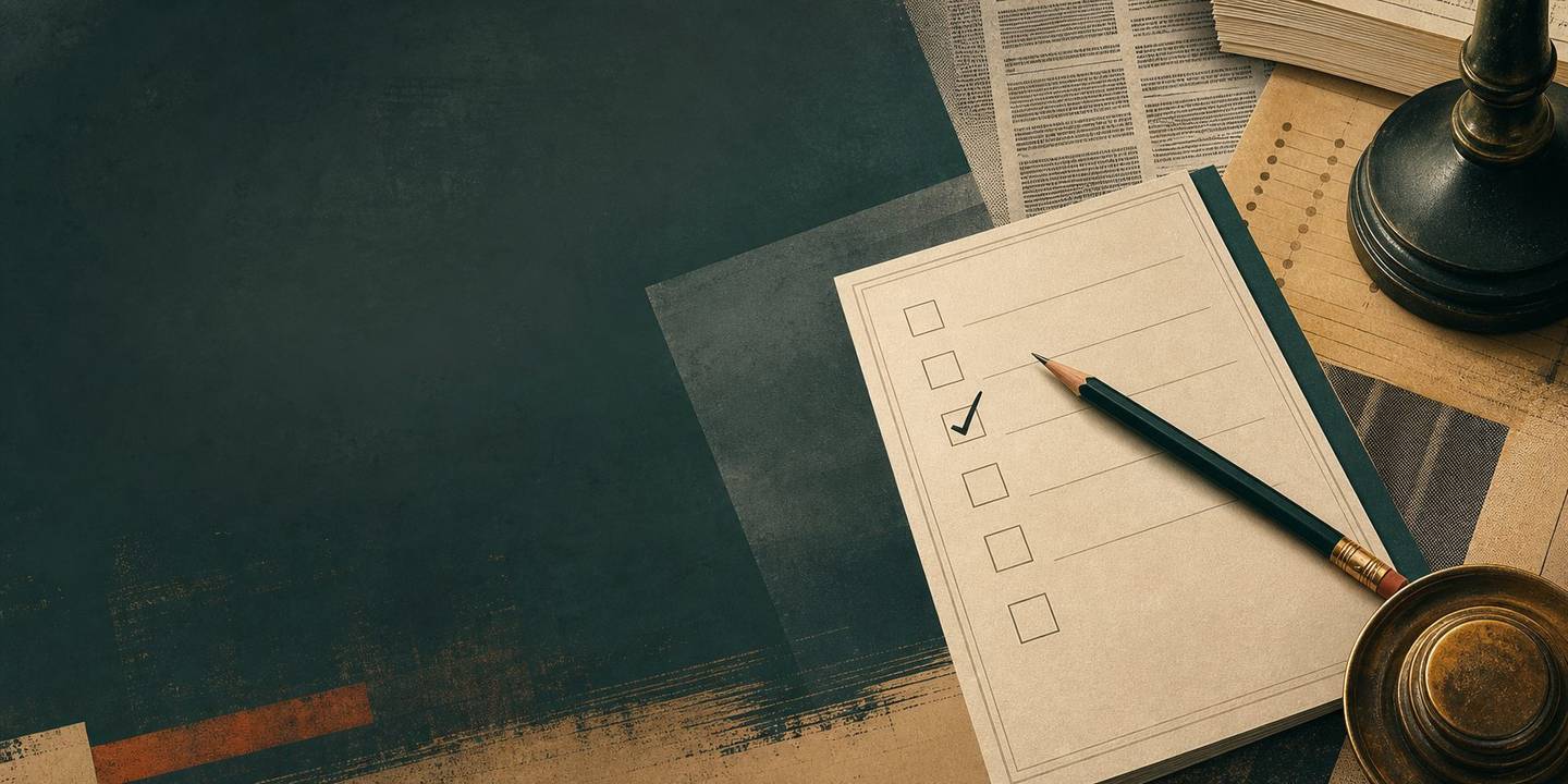 A ballot, pencil, and civic documents arranged on a dark editorial desk.